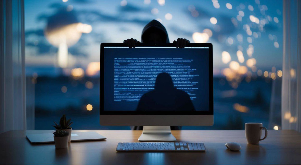 A shadowy figure lurks behind a computer screen, scheming to deceive unsuspecting victims through cryptocurrency fraud in Arizona