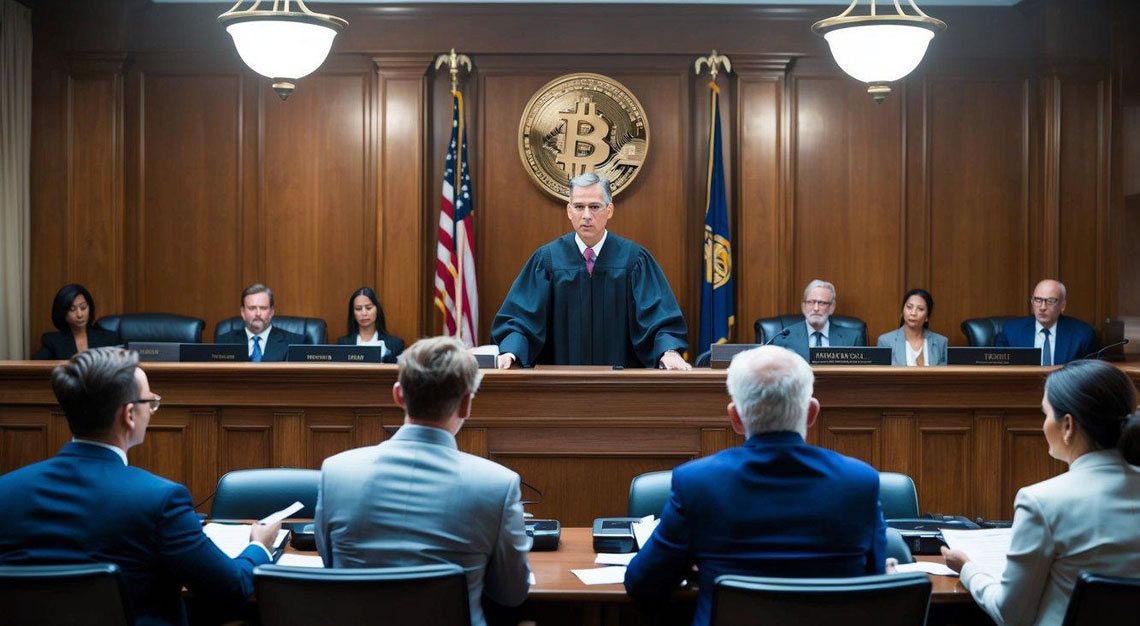 A courtroom with a judge presiding over a trial involving cryptocurrency fraud. Lawyers present evidence and argue their cases to the jury